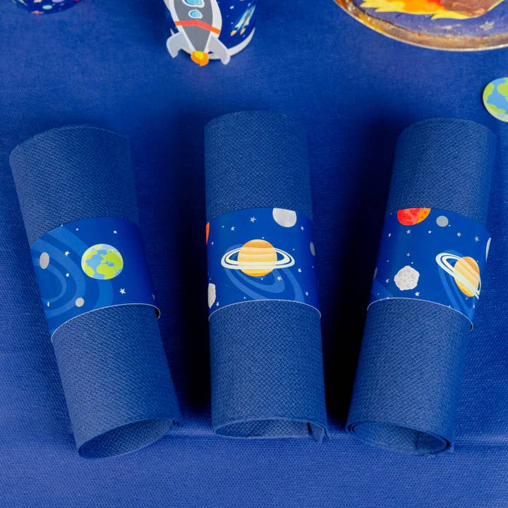 Recycelbare blaue Servietten mit Weltraum-Motivringen Recycelbare blaue Servietten mit Weltraum-Motivringen