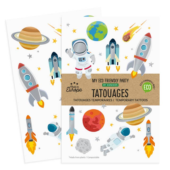 Set temporärer Weltraum-Tattoos mit Astronauten, Raketen und Planeten