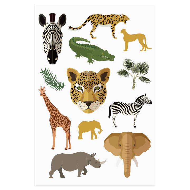 Temporäre Tattoos im Savannah-Motiv, Planche mit 12 Tiermotiven